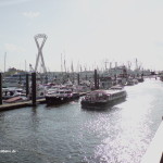 Auch aus Blickrichtung von Osten – HafenCity, Kehrwiederspitze oder Vorsetzen – dominiert der südliche Pylon das Bild.